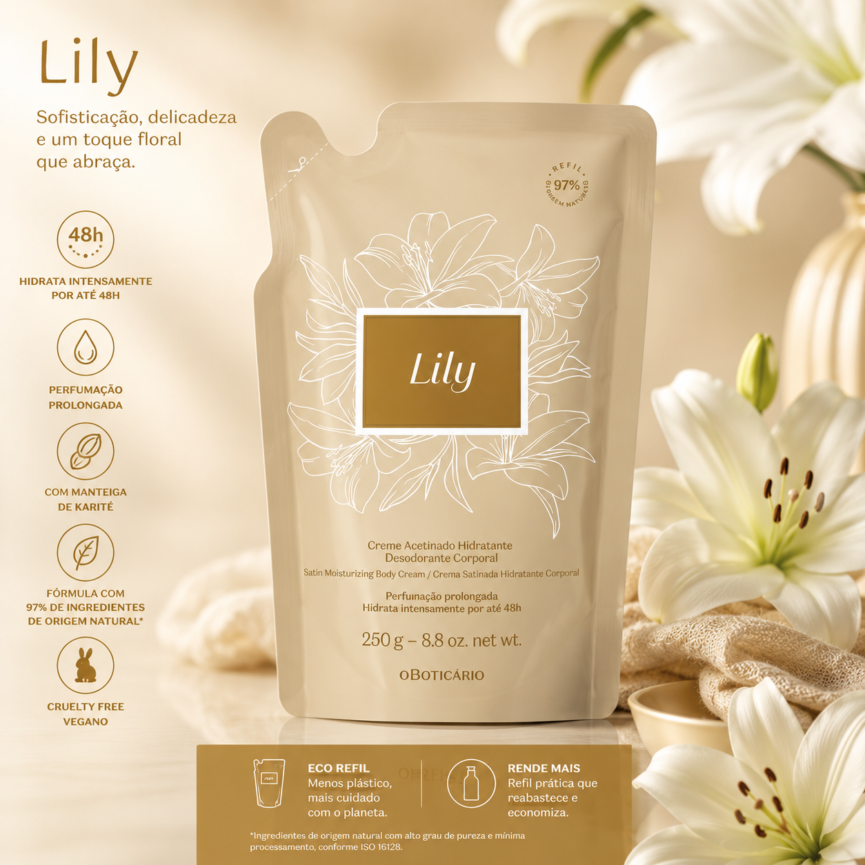 Refil Creme Acetinado Hidratante Desodorante Corporal Lily 250g